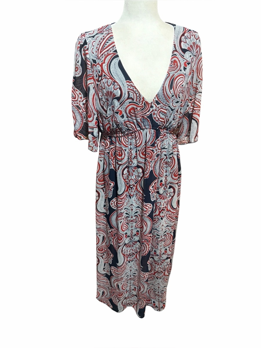 Enfocus Women’s V-Neck Paisley Maxi Dress- Navy/Red-Size 14W